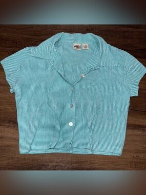Vintage Jeanswear County Seat 1973 Brand Light Aqua Gingham Button-Up Crop Top